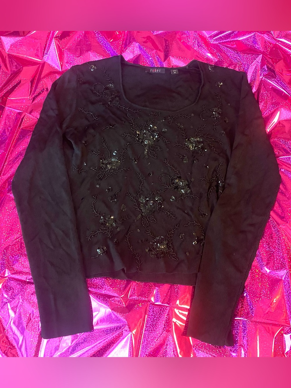 Women’s Black Ribbed Beaded Long Sleeve Cyrus Blouse